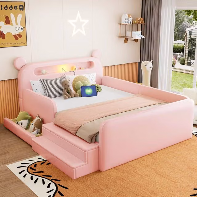 Letto imbottito per bambini Minimal rosa in similpelle con contenitore, luci LED e porta USB, L/P/H: 140 x 200 x 184,5 cm