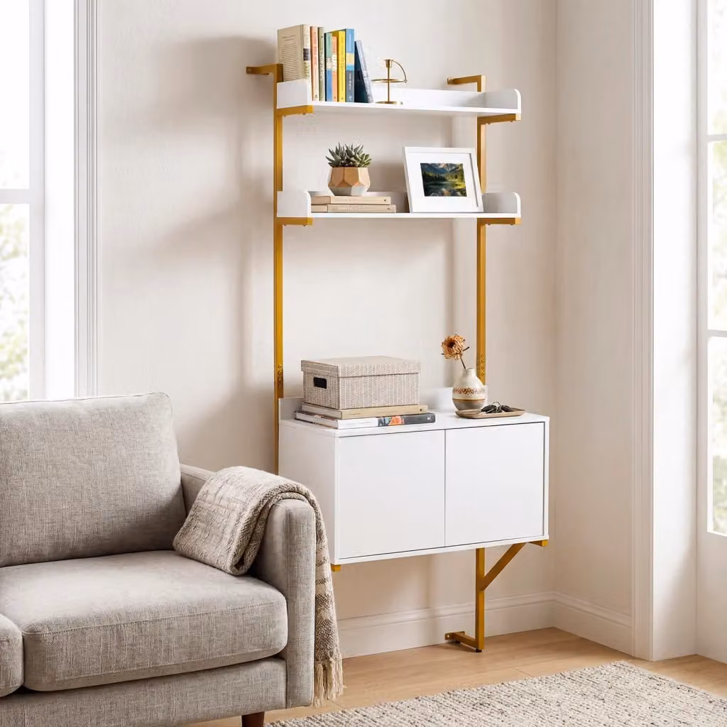 Libreria a scala da parete DESIGN IN con 2 ripiani, struttura in metallo e legno, colore bianco e oro, ideale per soggiorno o ufficio in casa – 2