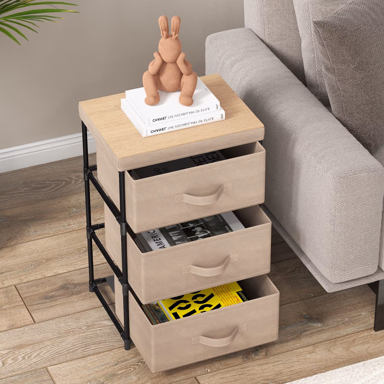 Set di 2 comodini Costway in tessuto marrone e beige con 3 cassetti e struttura in metallo
