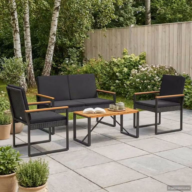 Set di mobili da esterno vidaXL in 4 pezzi in polyrattan e legno di acacia nero per giardino e terrazzo