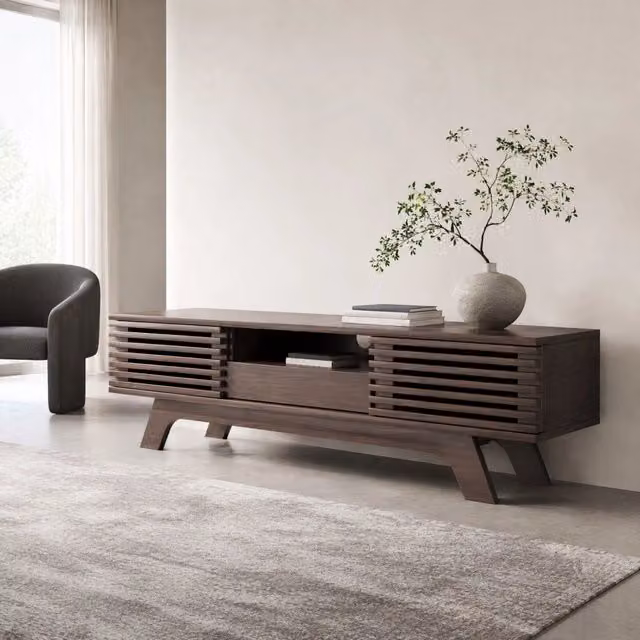 Mobile TV MIVRAY in truciolare naturale beige e marrone con due ante, cassetto, vani aperti e passacavi per soggiorno L: 150 cm, P: 35 cm, H: 44 cm – 1
