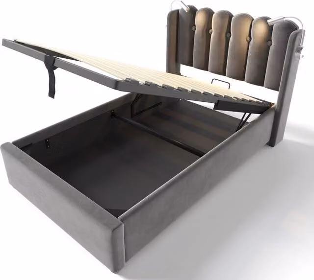 Letto singolo imbottito in velluto grigio 90x200 cm con lucetta da lettura, porta USB e contenitore