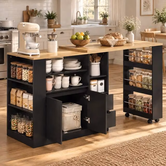 Isola da cucina ULEVR 115x50x92 cm con piano girevole ed estensibile, cassetti e ripiano a 3 livelli, MDF nero e naturale