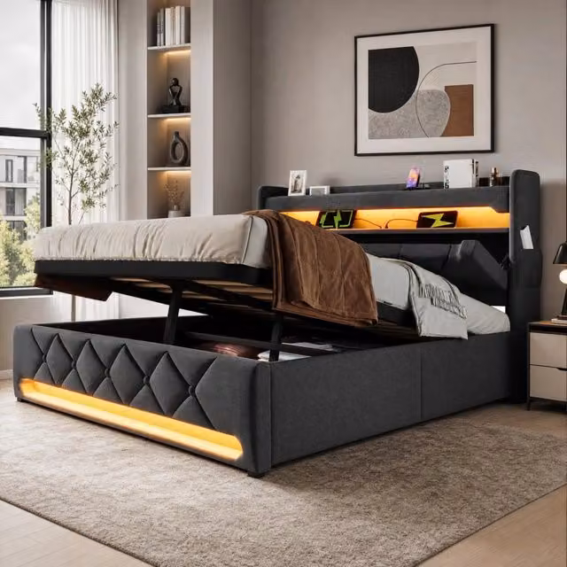 Letto matrimoniale 160x200 cm grigio con LED 360°, USB-C e vano contenitore