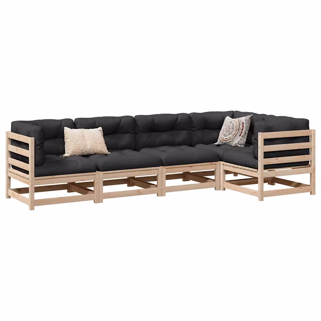 Set di divani da giardino vidaXL a forma di L composto da 5 pezzi in legno di pino con cuscini inclusi, colore marrone e grigio