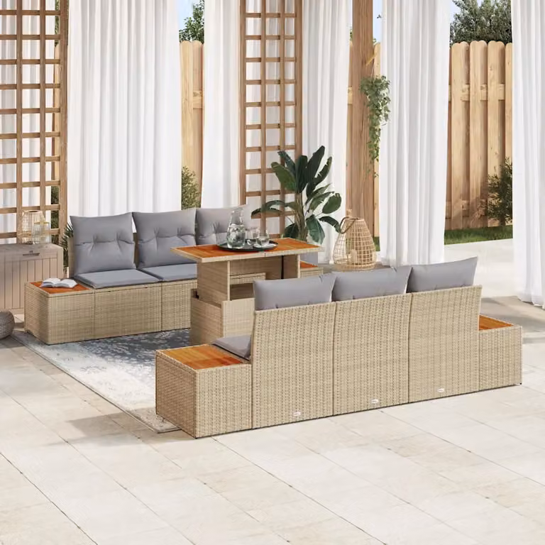 Set da giardino vidaXL in rattan e legno di acacia composto da 7 pezzi con cuscini beige e grigio