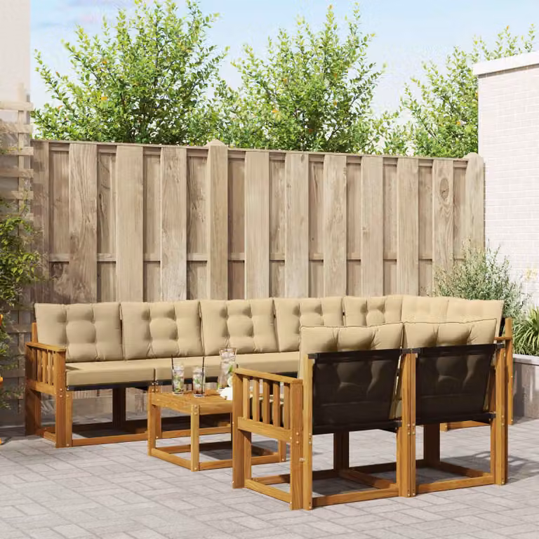 Set di divani da esterno vidaXL 9 pz in legno di acacia e textilene, colore beige e naturale, con elementi angolari, tavolino da caffè e cuscini inclusi