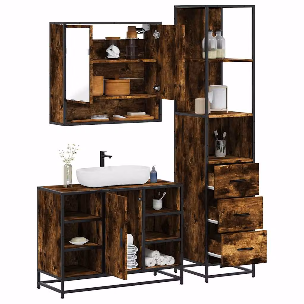 Set di mobili da bagno industrial vidaXL in legno e metallo marrone composto da mobile lavabo, armadietto alto e pensile con specchio L/P/H: 80 x 33 x 60 cm