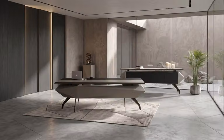 Set di mobili da ufficio eleganti, con mobile contenitore a giorno e scrivania, design moderno