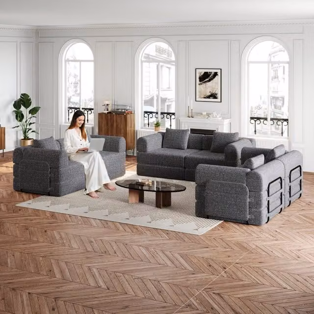 Divano modulare convertibile OKWISH in chenille grigio con struttura in acciaio e vano nel bracciolo