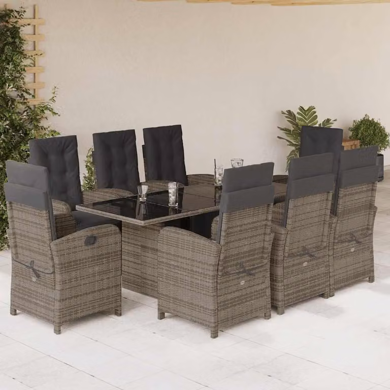 vidaXL Set da Pranzo da Giardino 9 pz in Polyrattan e Vetro Grigio e Nero