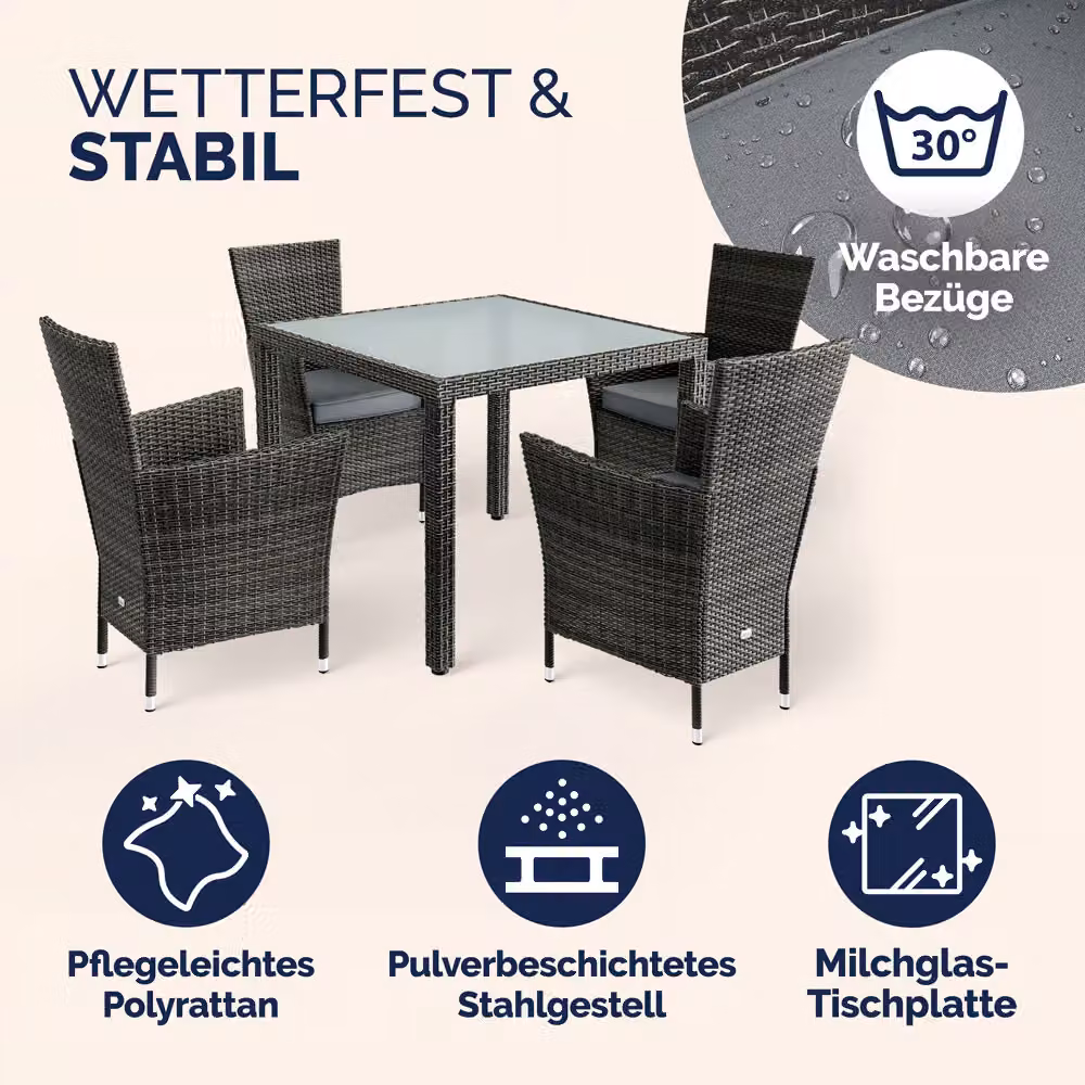 Set da giardino Bali Casaria 5 pezzi in polyrattan grigio antracite con tavolo in vetro – 2