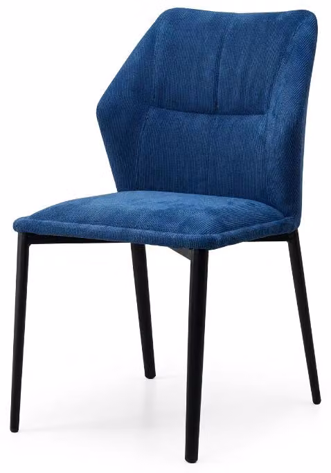 Sedia da pranzo esteticamente curata, colore blu, tessuto a coste larghe, schienale a forma di ala, imbottita