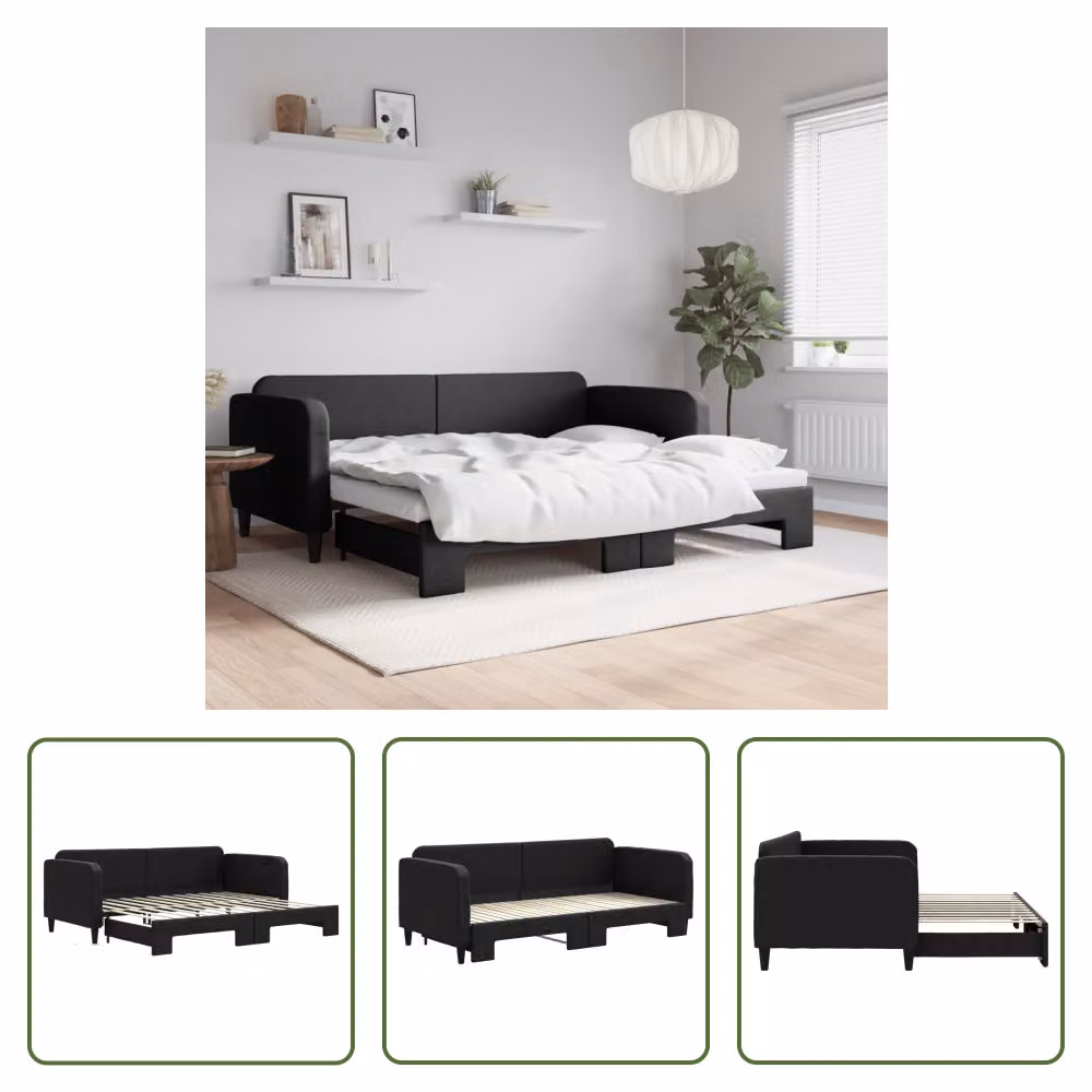 The Living Store letto da giorno allungabile nero 90x200 cm in tessuto