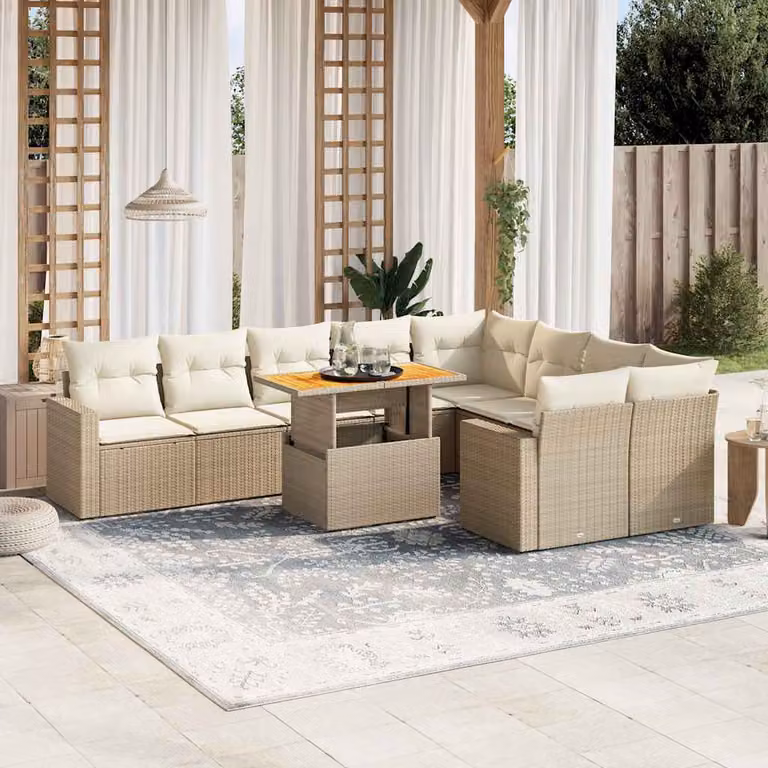 vidaXL Set Divano da Giardino a L 10 pz con Cuscini Beige e Tavolino in Polyrattan e Legno di Acacia