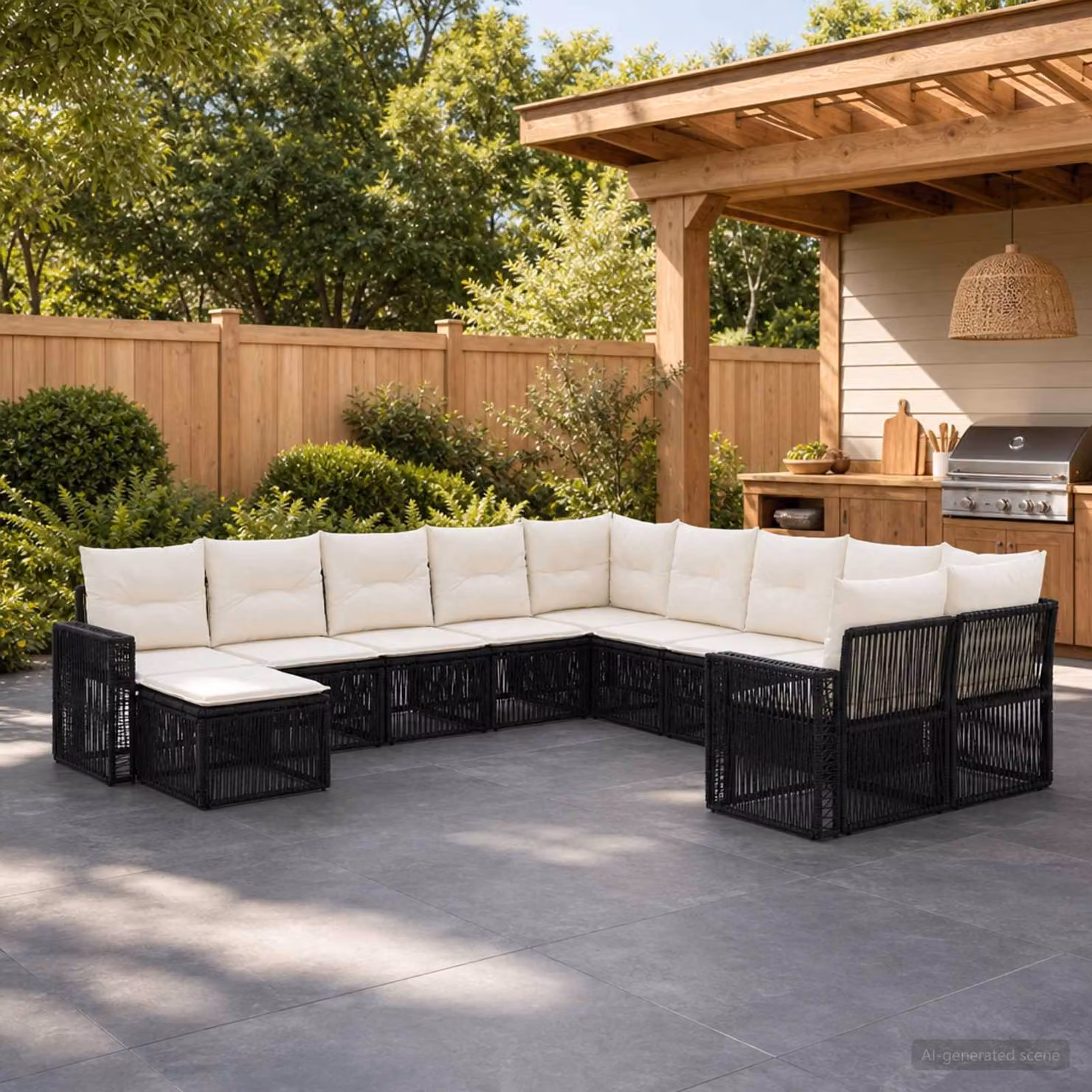 Set Divano da Giardino vidaXL 11 Pezzi in Polyrattan Nero e Bianco Crema con Cuscini e Struttura in Acciaio Verniciato a Polvere