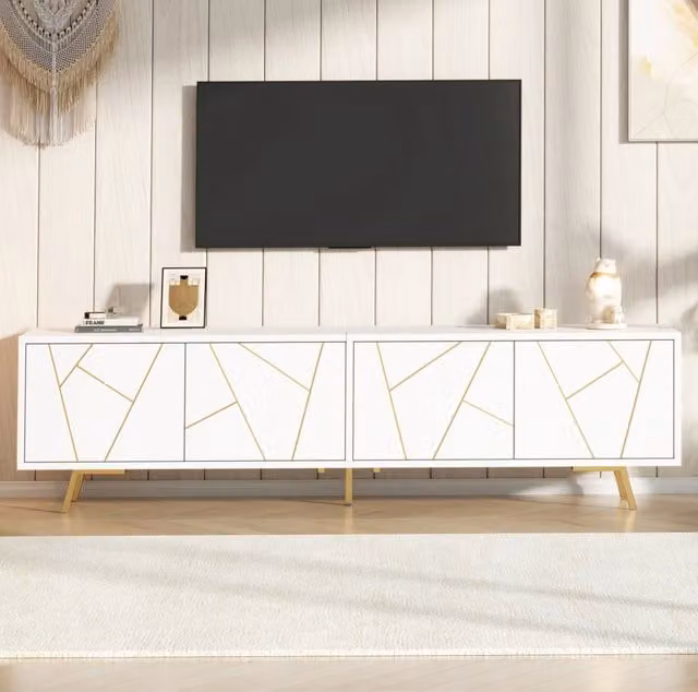 Mobile TV moderno 190 x 40 x 51;5 cm in truciolare bianco e oro; con 4 ante e 5 gambe in metallo