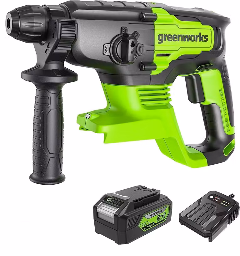 Trapano avvitatore a batteria Greenworks GD24SDS2 con sistema SDS, dotato di motore brushless, con velocità variabile da 0 a 1000 giri/minuto, e