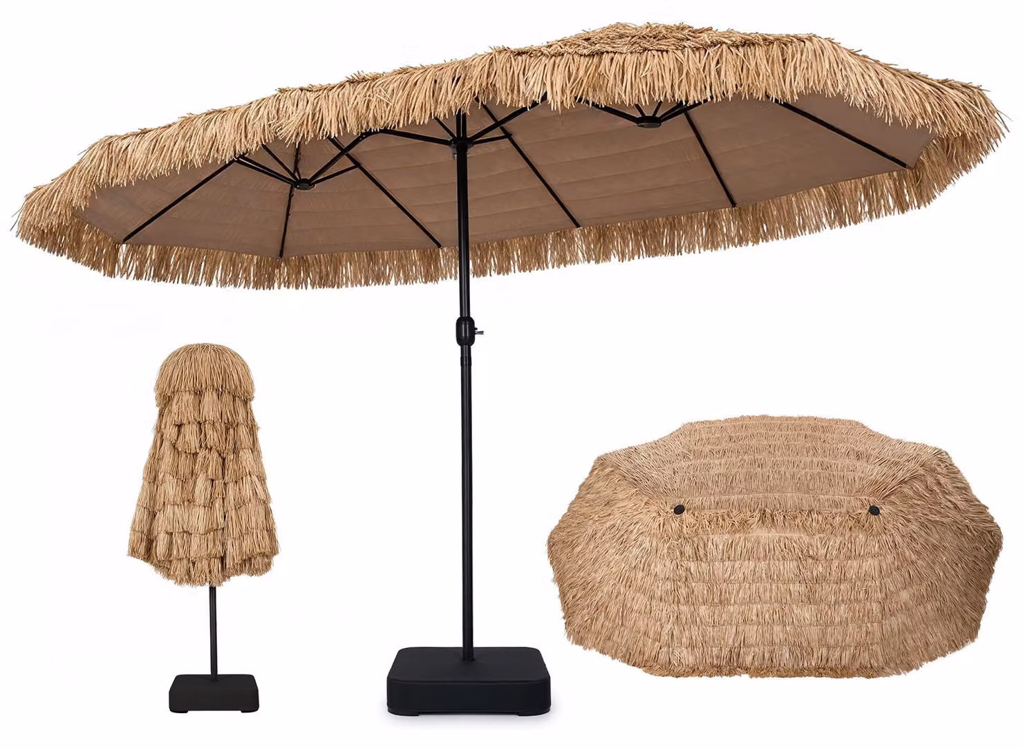 COSTWAY, ombrellone doppio con base, 450x260 cm, ombrellone da esterno modello "Hawaii", ombrellone da giardino con manovella, ombrellone in paglia sintetica XXL, ombrellone da terrazza, ombrellone da mercato