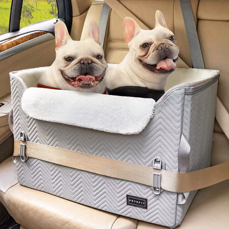 Seggiolino per auto per cani di piccola/media taglia, rialzo per cani con cestino e 2 cinture di sicurezza, grigio e bianco, taglia M