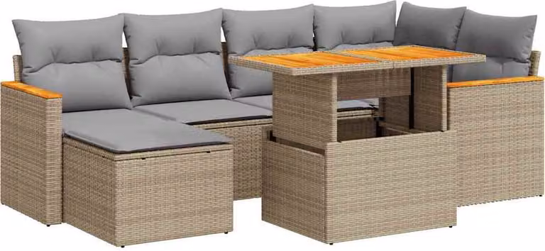 Set Divani da Giardino 7 pz con Cuscini Beige Polyrattan Acacia