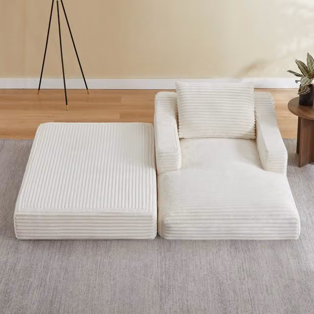 Poltrona lounge WISHDOR in velluto a coste bianca con design moderno trasformabile in letto con pouf estendibile