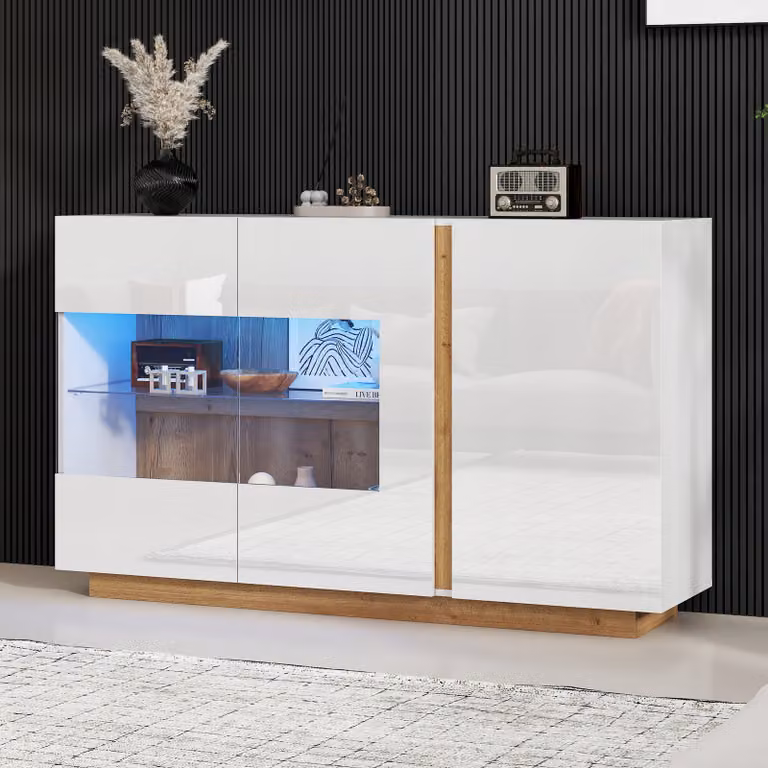 MODFU Mobile da cucina a 3 ante, cassettiera con ante in vetro, mobile da ingresso per soggiorno e camera da letto, bianco