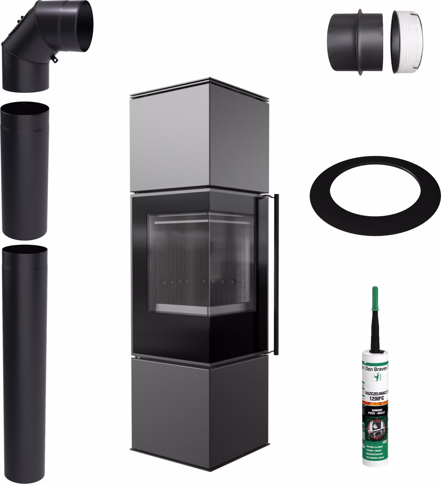 KRATKI REN M/L stufa a legna 7 kW Ø 150 Nero Set di montaggio Autochiudente