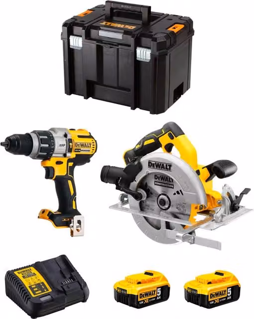 Kit DeWALT DWK216 con trapano avvitatore DCD996, seghetto DCS570, 2 batterie da 5,0 Ah, caricabatterie DCB115 e sistema di contenimento TSTAK VI, Giallo