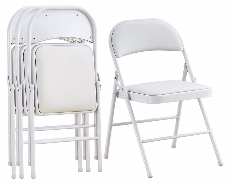 Set di 4 sedie pieghevoli in vinile, colore bianco, struttura in metallo, capacità massima di 136 kg