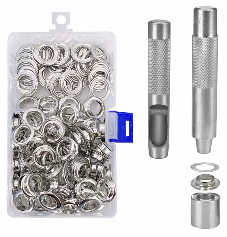 Set di strumenti per occhielli, con 100 occhielli e custodia portaoggetti