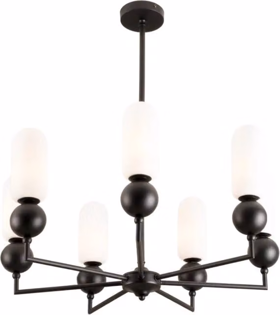 Lampadario industriale nero, globi ovali bianchi 7xG9