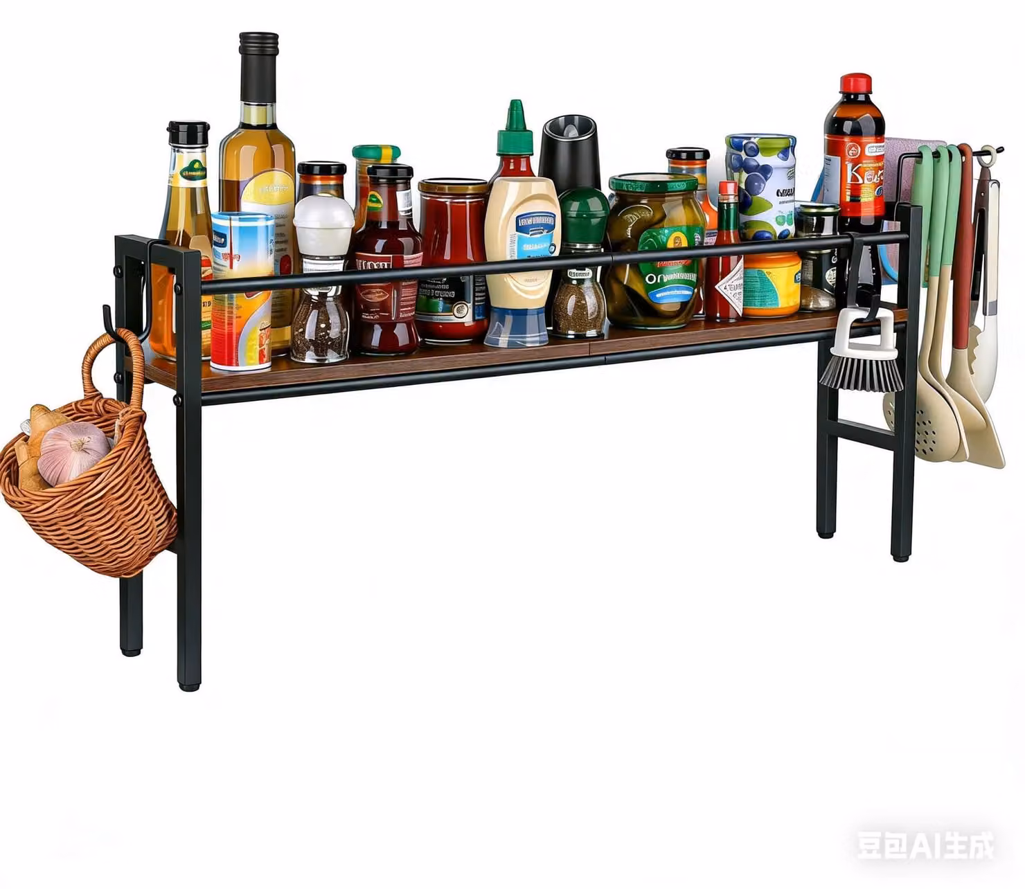 Ripiano per erbe aromatiche da 82 cm - Organizzatore per erbe - Legno/metallo massiccio - 4 ganci - Salvaspazio - Senza foratura - Ripiano per la cucina