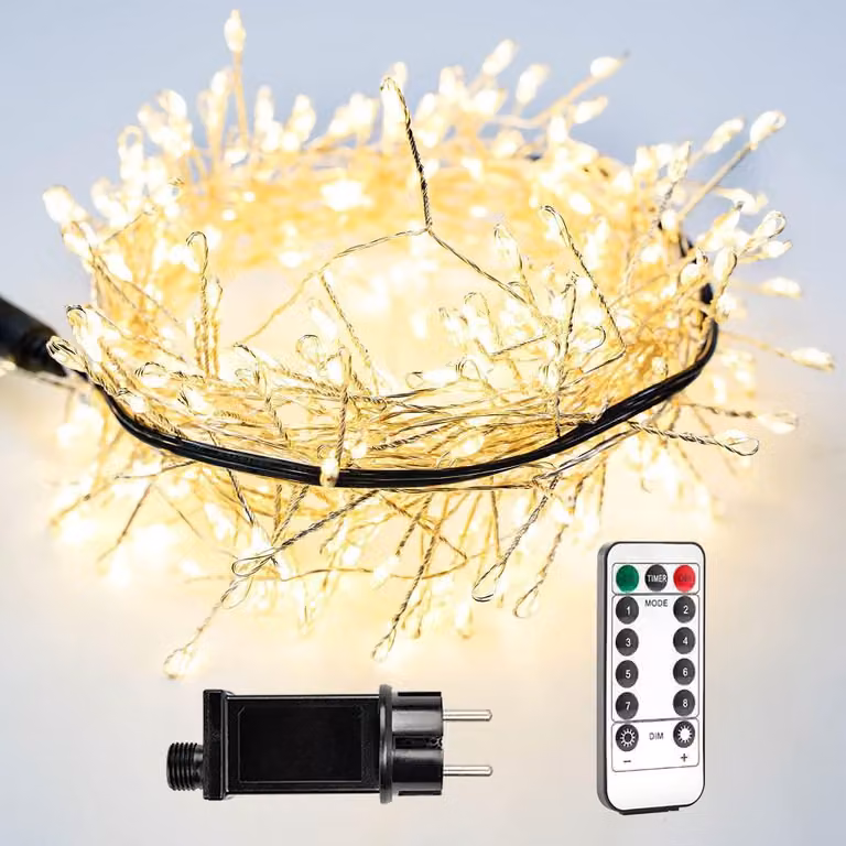 Catena luminosa per fuochi d'artificio, lunghezza 15 metri, 500 LED, luce bianco caldo, dimmerabile, con telecomando