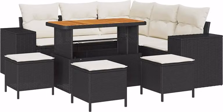 Set Divano da Giardino con cuscino 9 pcs Nero polyrattan