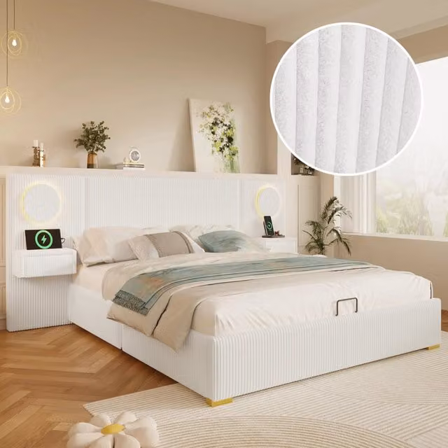 Letto contenitore 180 × 200 cm in velluto con LED, porte USB e vano idraulico, senza materasso, beige