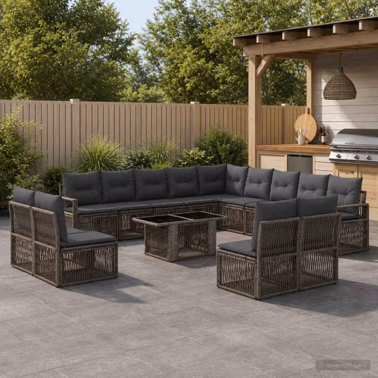 Set Divano da Giardino vidaXL 14 pz a Forma a L con Tavolino, Colore Grigio e Antracite, in Polyrattan e Acciaio con Cuscini Inclusi