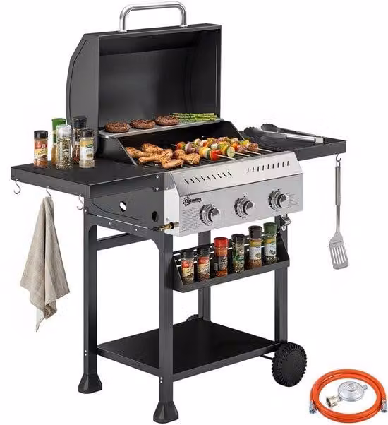 Barbecue a gas da 9 kW a 3 fuochi, con tavolo pieghevole, portaspezie, piano di appoggio e 6 ganci