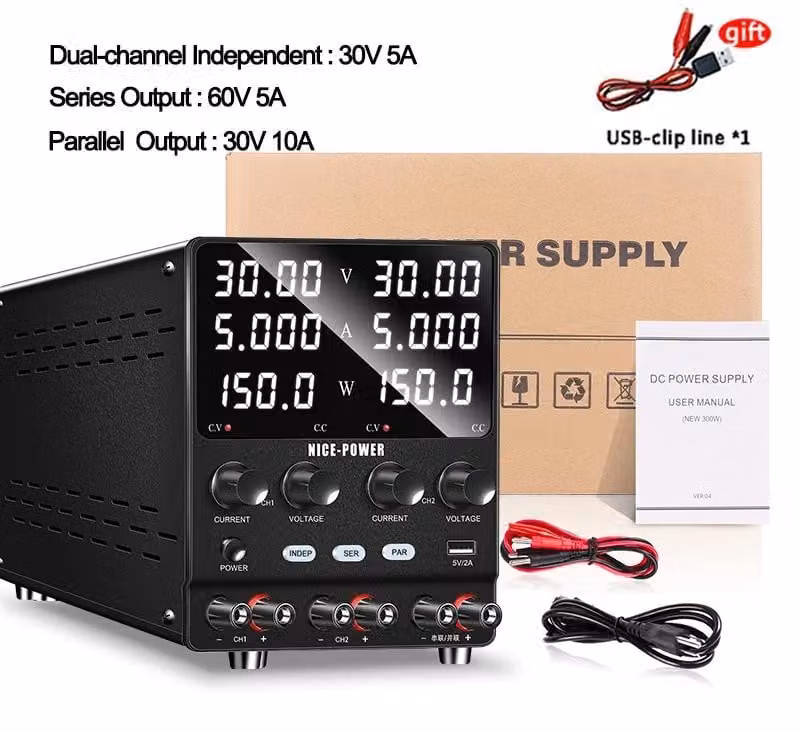 Alimentatore da laboratorio - 30V 5A, doppio canale - Alimentatore DC regolabile per laboratorio - Uscita: 0–30V, 0–5A - Funzionamento in serie/parallelo tramite pulsante - Ricarica rapida USB 5V 2A