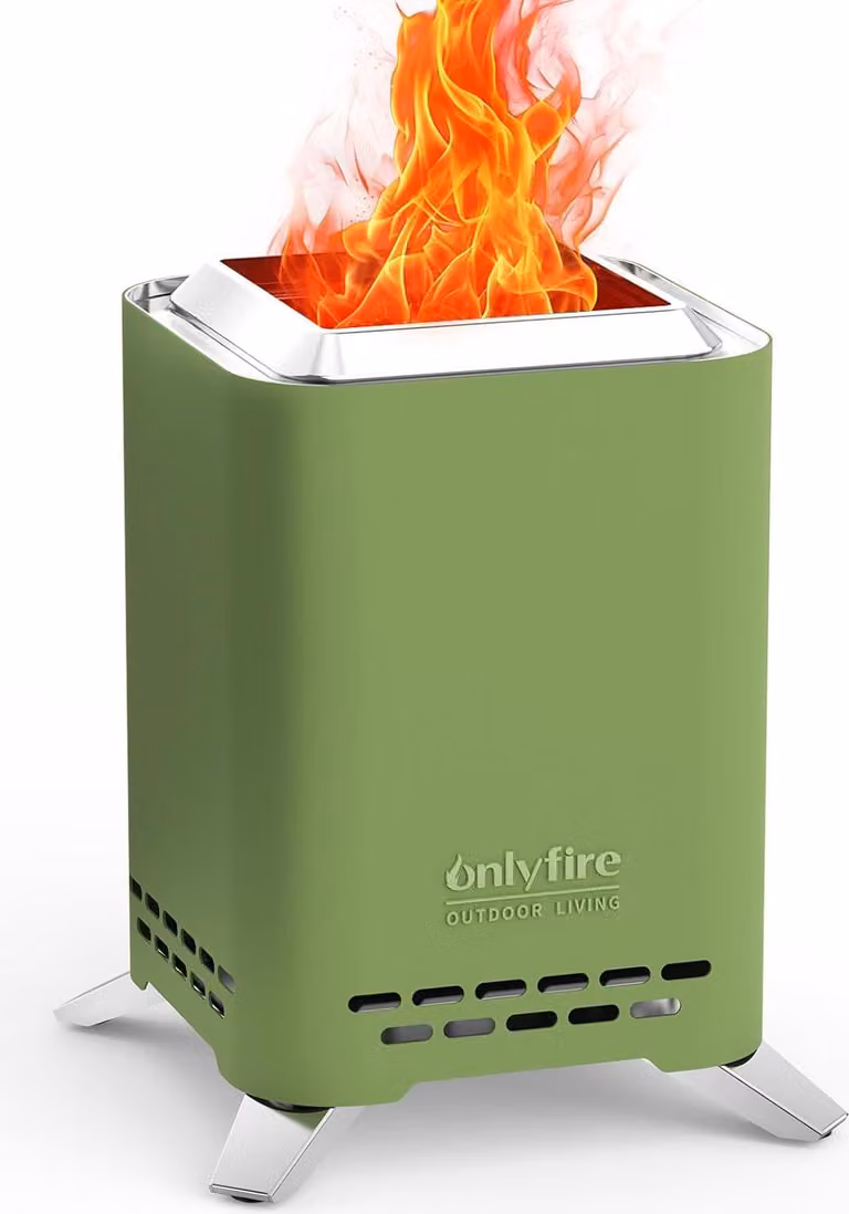 Fornello da campeggio verde, quadrato, senza fumo, con supporto per pentole e custodia, ideale per campeggio