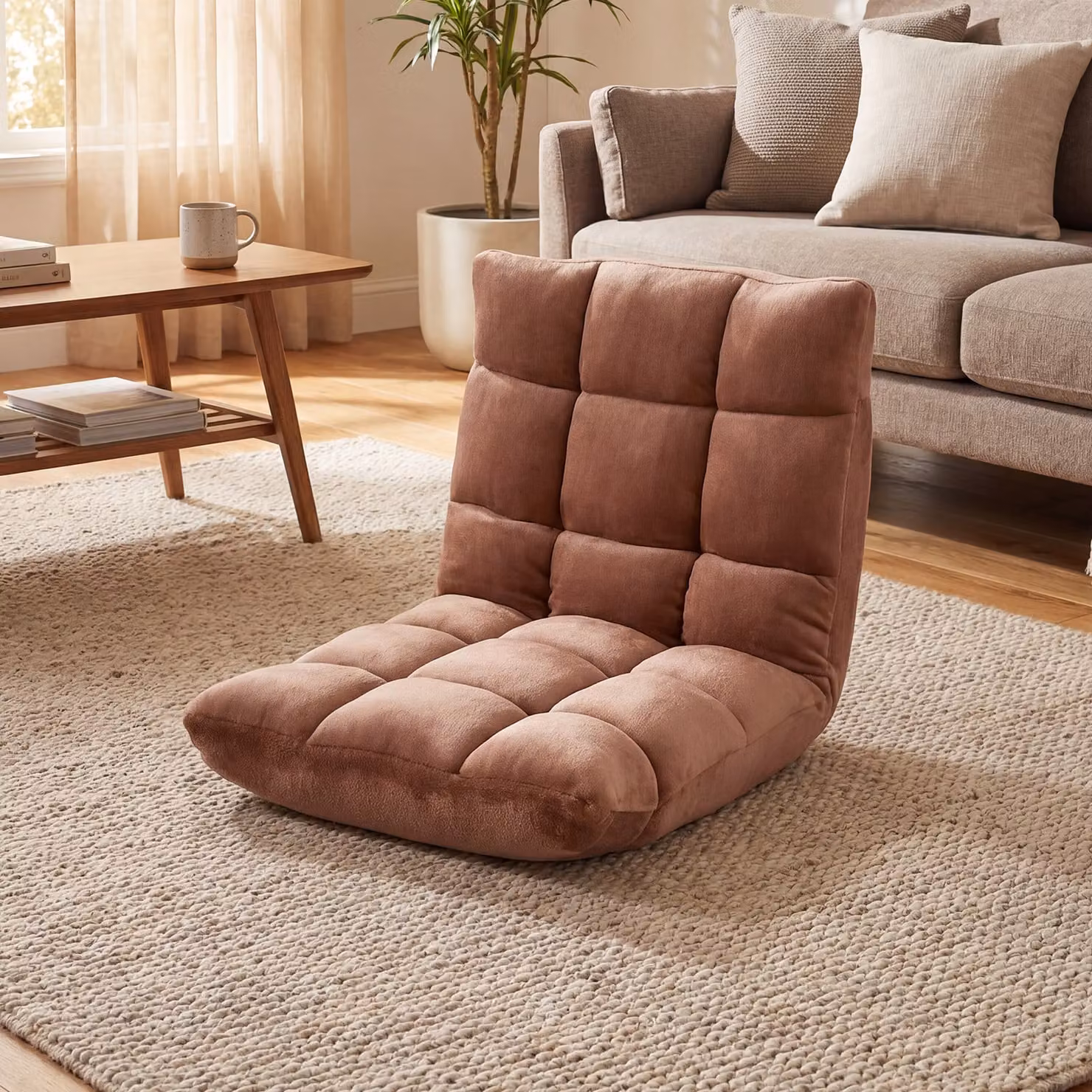 Sedia imbottita da pavimento regolabile in 14 posizioni Costway, Poltrona moderna Beige, L: 105 cm, P: 56 cm, H: 15 cm