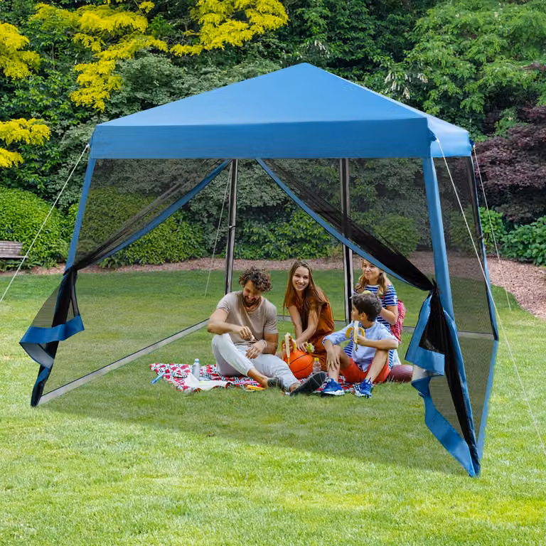 Gazebo Costway Tenda Pieghevole con Pareti Laterali in Rete e Borsa a Rullo, Regolabile in Altezza, Blu, L/P/H: 300 x 300 x 246 cm
