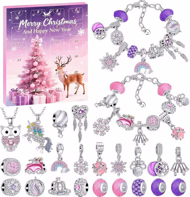 Calendario dell'Avvento 2025 per bambini - Per ragazze - Calendario di Natale - Gioielli - Artigianato - Ragazze con braccialetti e collane - Set di creazione di gioielli