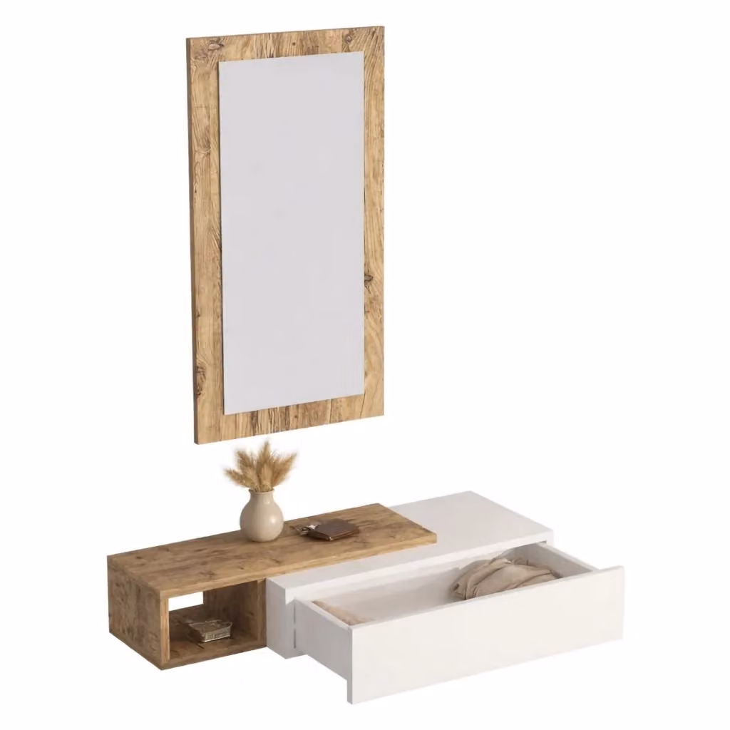 Mobile da ingresso DMORA con specchio in vetro e finitura rovere, L: 82 cm, P: 30 cm, H: 16 cm, Bianco e Marrone – 2