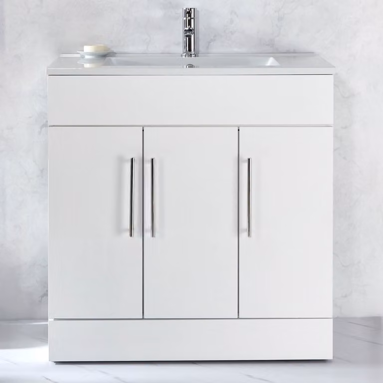 Mobile Bagno a Terra Bianco da 810mm con Lavabo e Maniglie con Barra a T Cromate - Cluo