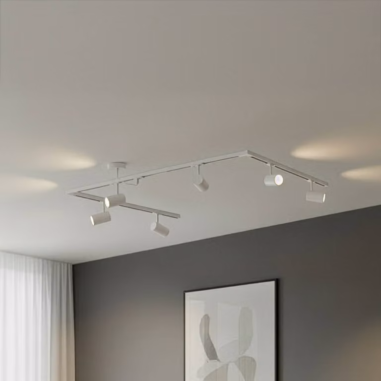 Sistema di binari Lindby Linaro, GU10, a 6 luci, bianco, forma C Linaro, Bianco / Opale, Soggiorno / Sala da pranzo, Alluminio, Moderno