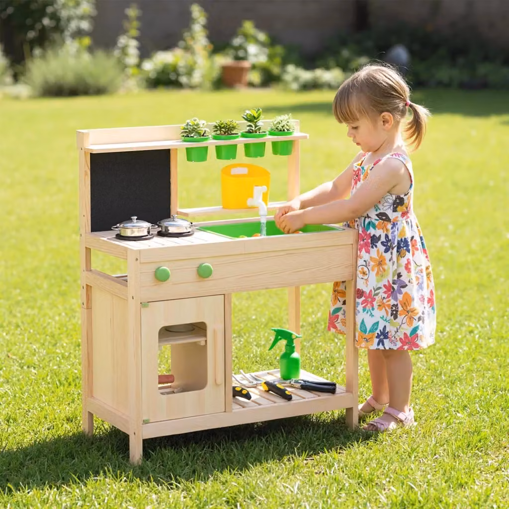 Cucina da gioco per bambini in legno e metallo con lavello, fornelli, lavagna e vasi per fiori, beige e multicolore, L/P/H: 92 x 73 x 36 cm – 2