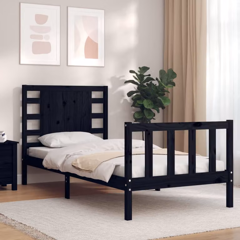 vidaXL Giroletto con Testiera in Legno di Pino Massello Nero L/P/H: 190 x 80 x 80,5 cm