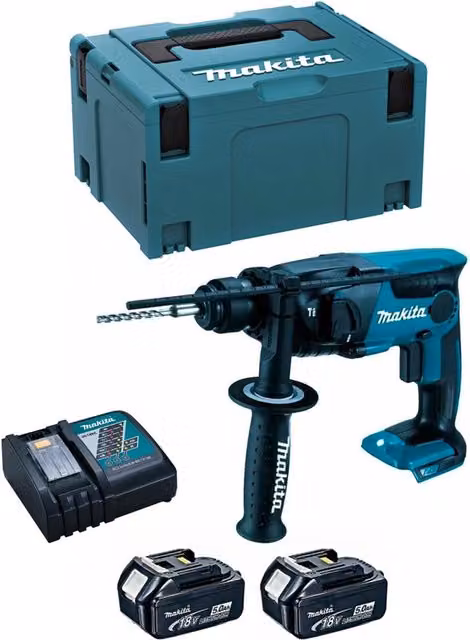 Tassellatore Makita DHR165RTJ con 2 batterie da 5,0 Ah, caricabatterie DC18RC e sistema di trasporto MAKPAC 3