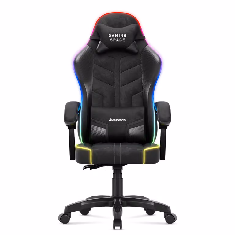 Sedia da gioco Huzaro Force 2.7 Carbon Black RGB - sedia girevole ergonomica in velluto con schienale regolabile, cuscino lombare, poggiatesta e illuminazione RGB